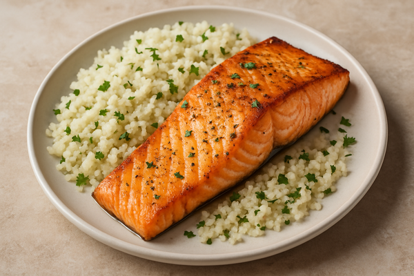 Blutzuckerfreundlich & voller Geschmack – Low-Carb Kräuter-Lachs mit Zitronen-Blumenkohlreis