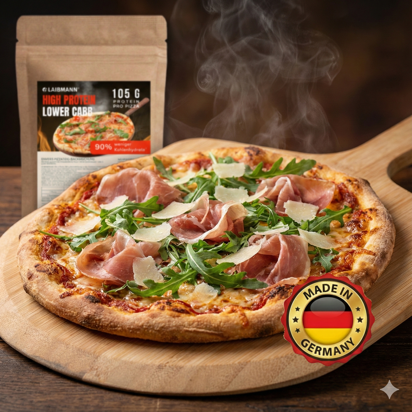 Lower Carb High Protein Pizzateig Backmischung | 105 g Eiweiß - 7 g KH | Muskelaufbau, Fitness, Diät & Keto | 4x große Pizza
