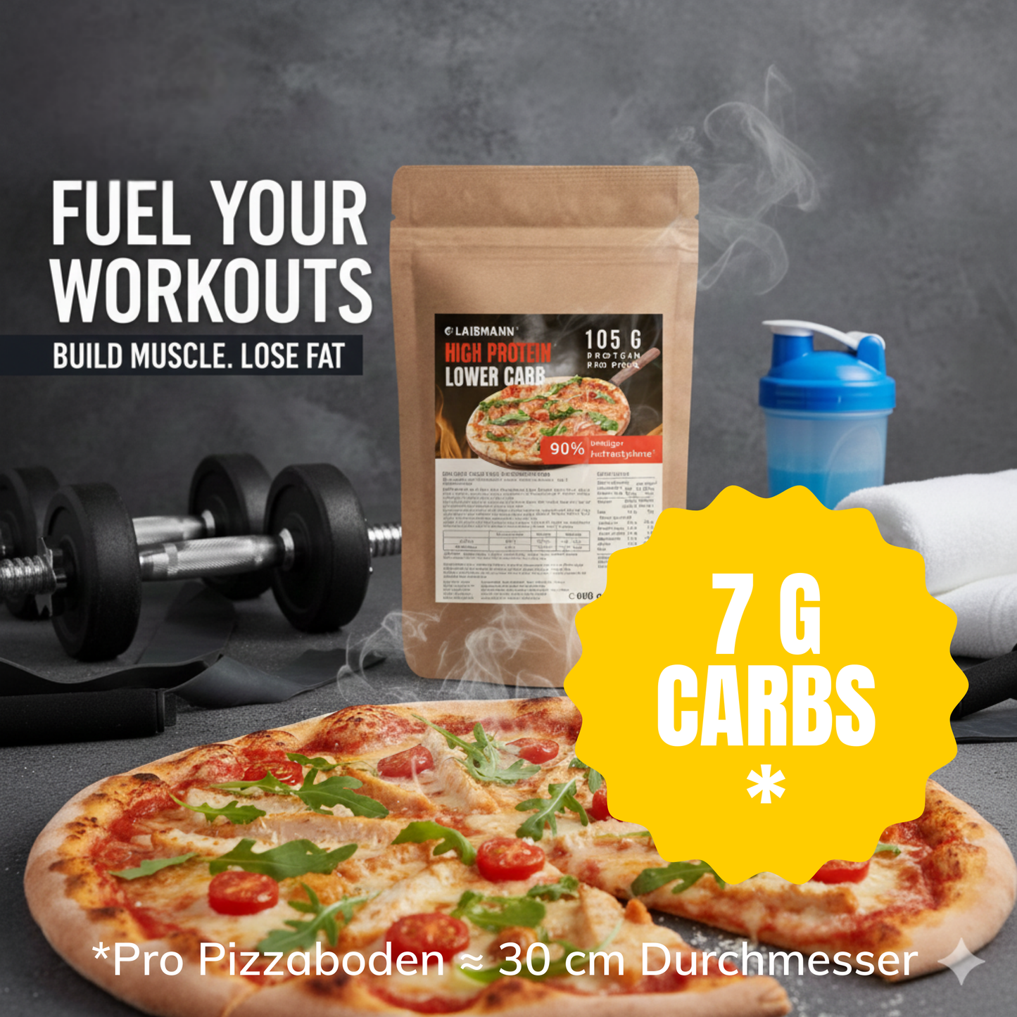 Lower Carb High Protein Pizzateig Backmischung | 105 g Eiweiß - 7 g KH | Muskelaufbau, Fitness, Diät & Keto | 4x große Pizza