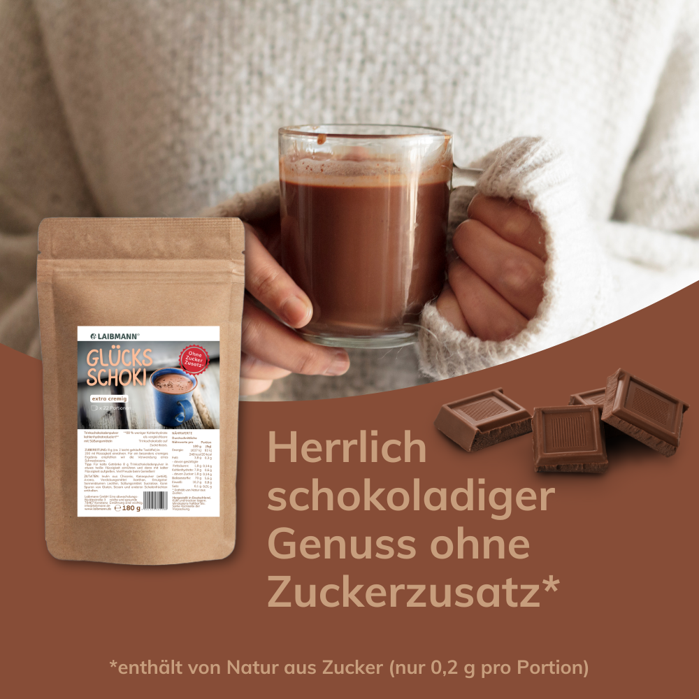 Laibmann® Glücks Schoki – extra cremige Trinkschokolade ohne Zuckerzusatz, low carb, keto
