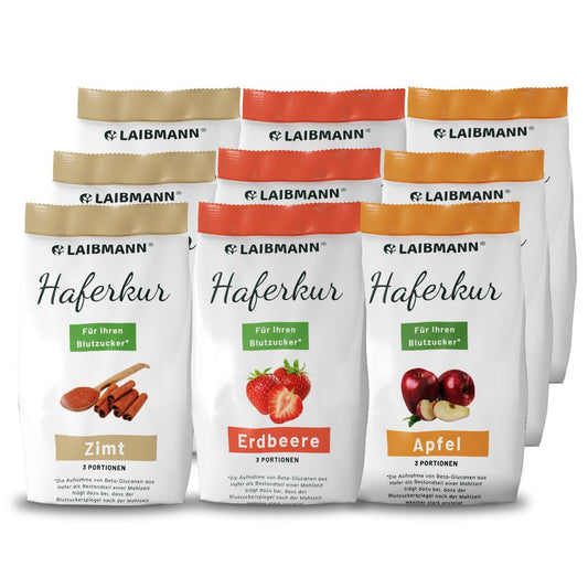 Laibmann's Haferkur als Monatspackung, bestehend aus 9 Packungen Haferkur. Je 3x Apfel, 3x Erdbeere, 3x Zimt.